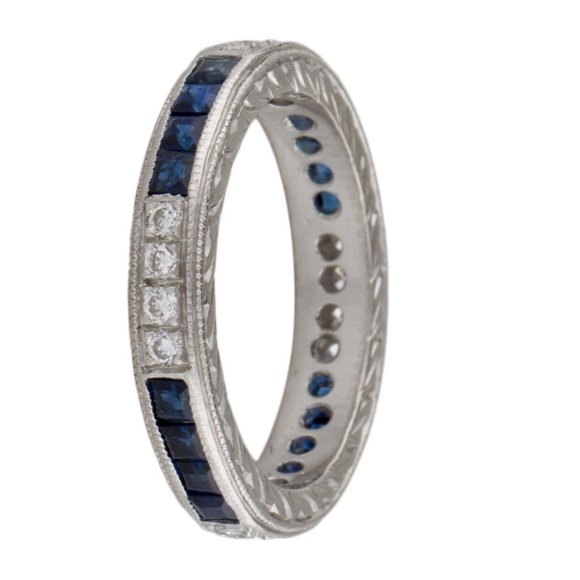 PLATINUM SAPPHIRE & DIAMOND ETERNITY BAND RING - Picture 3 of 8